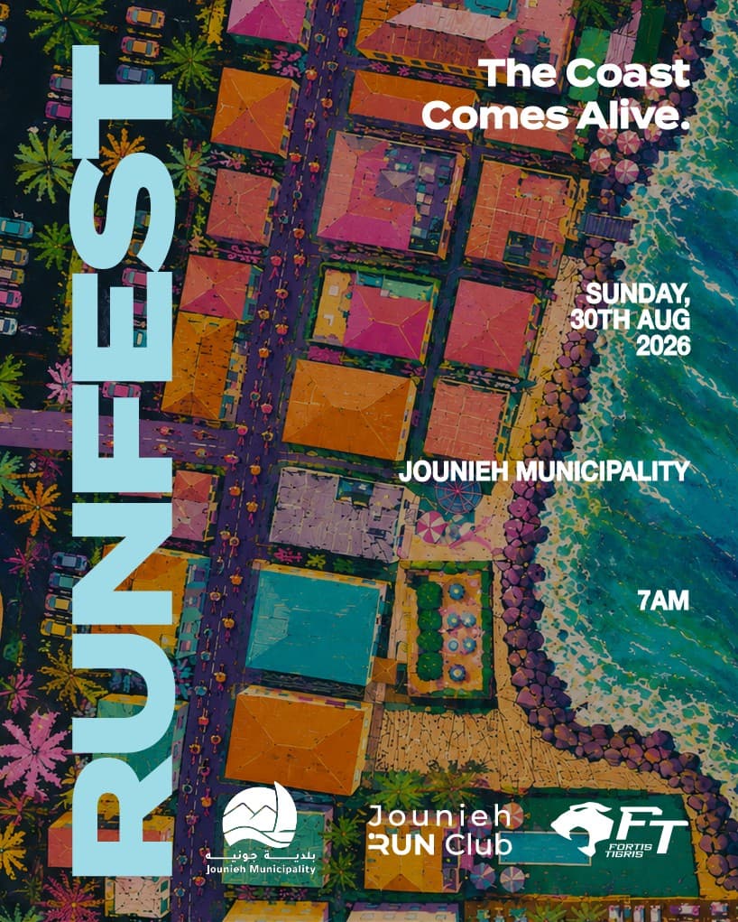 Run Fest 2026 event poster — The Coast Comes Alive, Sunday, 30 August 2026, Jounieh Municipality, Jounieh